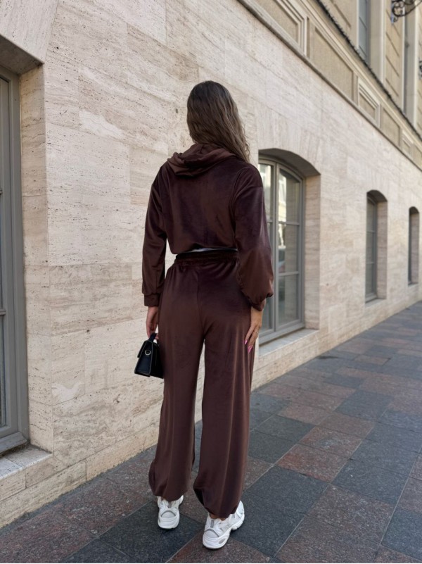 Велюровий жіночий костюм на блискавці коричневого кольору 34690