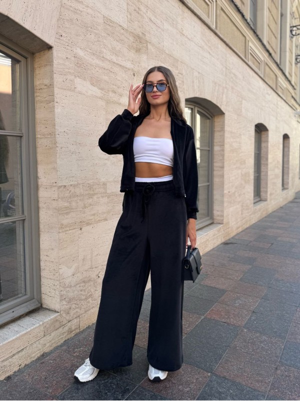 Велюровий жіночий костюм на блискавці чорного кольору 34691