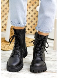 Жіночі шкіряні черевики берці (байка) чорного кольору 34769