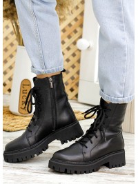 Жіночі шкіряні черевики берці (хутро) чорного кольору 34773