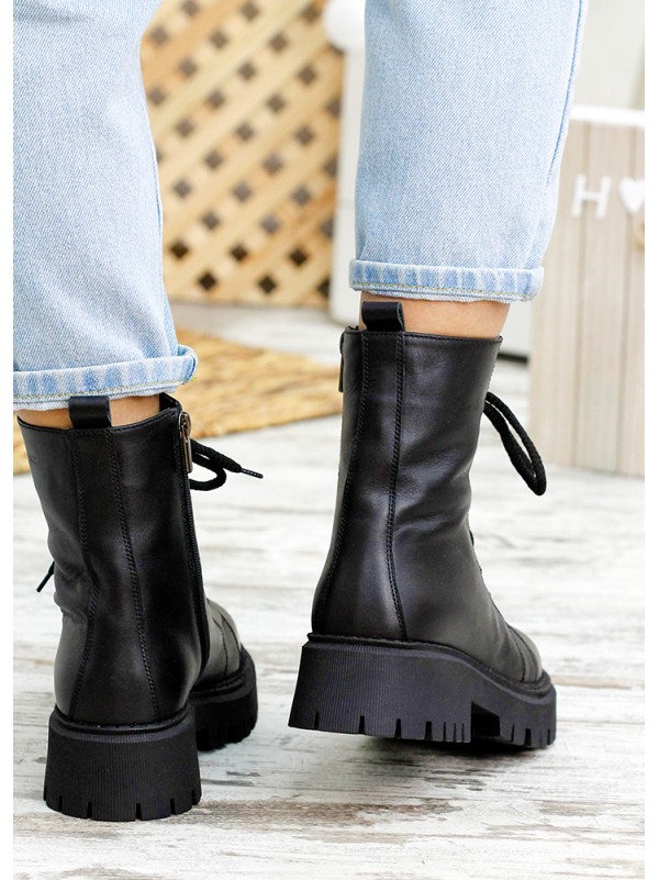 Жіночі шкіряні черевики берці (хутро) чорного кольору 34773
