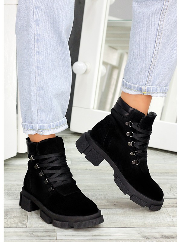Жіночі шкіряні черевики трапери (байка) чорного кольору 34807