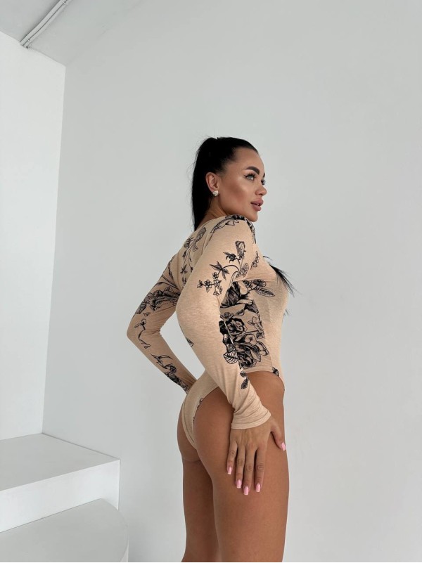 Базовий боді з малюнком бежевого кольору 34814