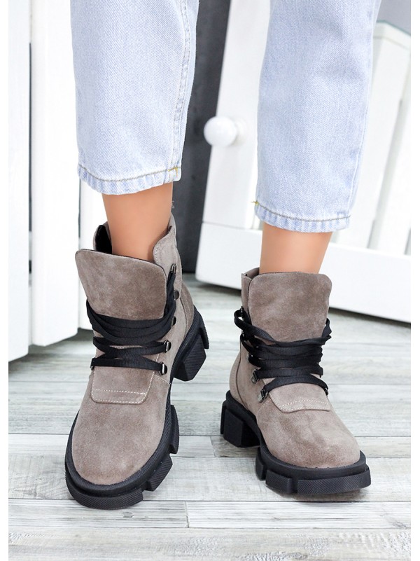 Жіночі замшеві черевики трапери (хутро) кольору лате 34830