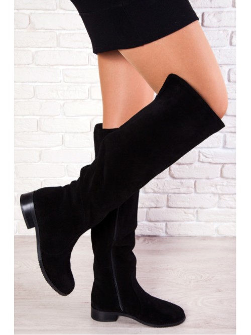 Жіночі замшеві ботфорти (байка) чорного кольору 34836