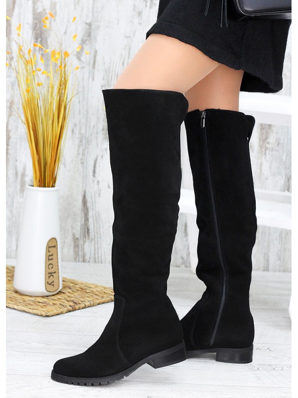 Жіночі замшеві ботфорти (Європейка) чорного кольору 34837