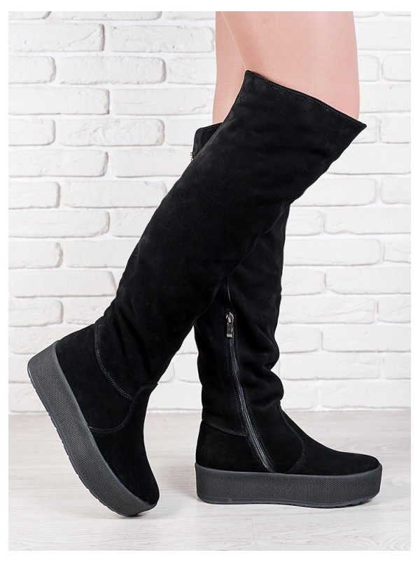 Жіночі замшеві ботфорти кріпер (Європейка) чорного кольору 34838