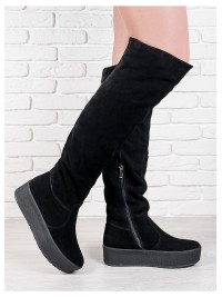 Жіночі замшеві ботфорти кріпер (байка) чорного кольору 34839