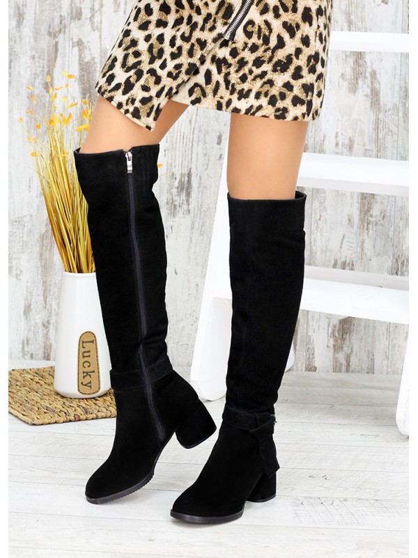 Жіночі замшеві ботфорти (Європейка) чорного кольору 34841