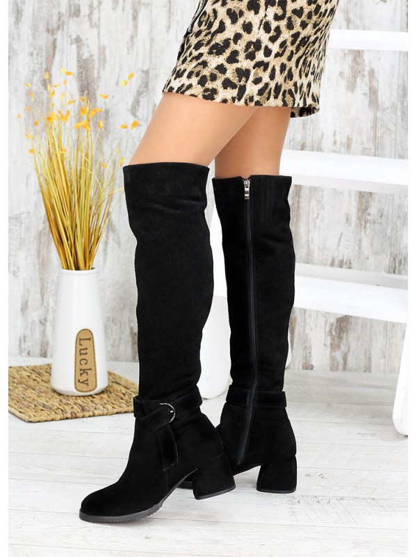 Жіночі замшеві ботфорти (Європейка) чорного кольору 34841