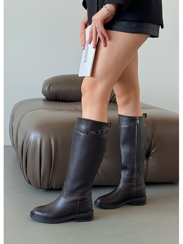 Жіночі шкіряні чоботи (байка) коричневого кольору 34858