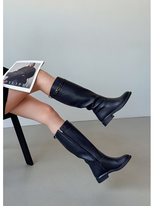 Жіночі шкіряні чоботи (Європейка) чорного кольору 34860