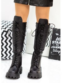 Жіночі чоботи з натуральної шкіри на шнурівці (Байка) чорного кольору 34863