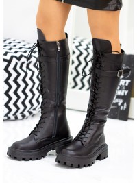 Жіночі чоботи з натуральної шкіри на шнурівці (Байка) чорного кольору 34863