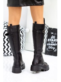 Жіночі чоботи з натуральної шкіри на шнурівці (Байка) чорного кольору 34863