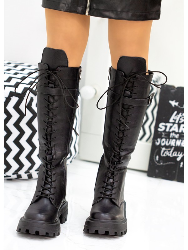 Жіночі чоботи з натуральної шкіри на шнурівці (Європейка) чорного кольору 34864