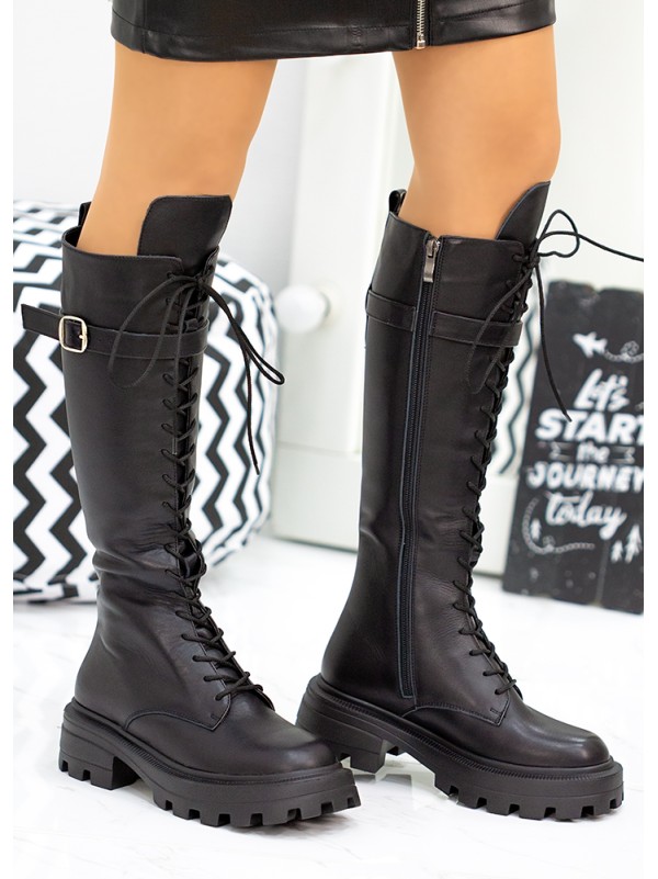 Жіночі чоботи з натуральної шкіри на шнурівці (Європейка) чорного кольору 34864