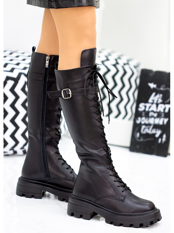 Жіночі чоботи з натуральної шкіри на шнурівці (Європейка) чорного кольору 34864