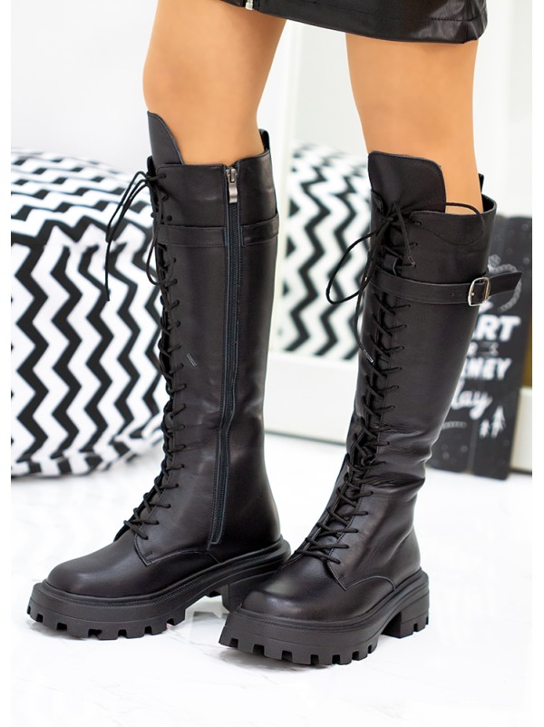 Жіночі чоботи з натуральної шкіри на шнурівці (Європейка) чорного кольору 34864