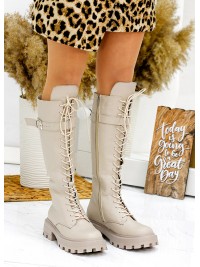 Жіночі чоботи з натуральної шкіри на шнурівці (Європейка) бежевого кольору 34865