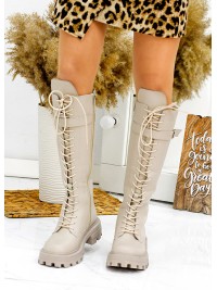 Жіночі чоботи з натуральної шкіри на шнурівці (Байка) бежевого кольору 34866