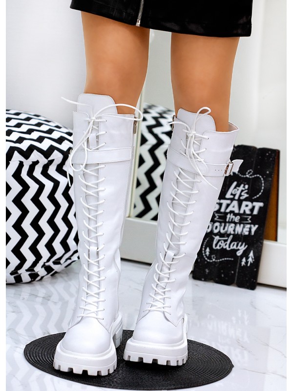 Жіночі чоботи з натуральної шкіри на шнурівці (Європейка) білого кольору 34868