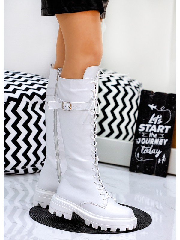 Жіночі чоботи з натуральної шкіри на шнурівці (Європейка) білого кольору 34868