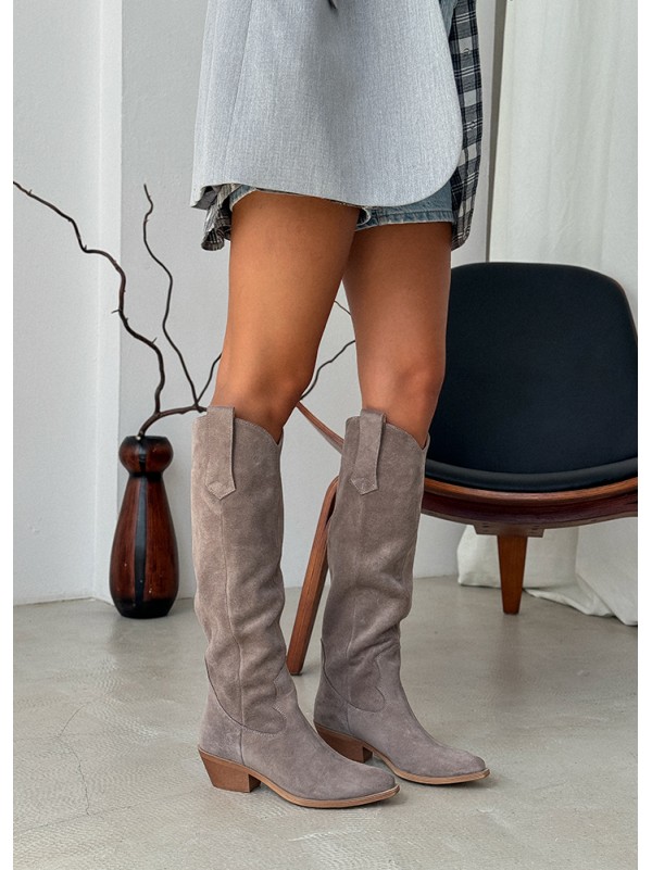 Жіночі чоботи козаки з натуральної замші (Європейка) кольору лате 34872