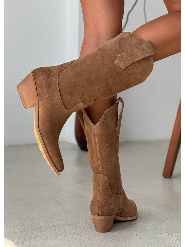 Жіночі чоботи козаки з натуральної замші (Європейка) коричневого кольору 34873