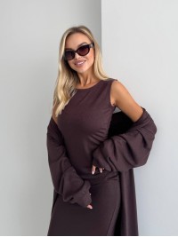 Жіночий теплий костюм кардиган+сукня коричневого кольору 34889