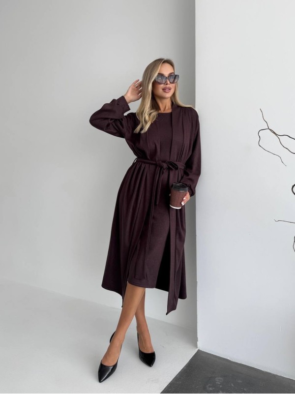 Жіночий теплий костюм кардиган+сукня коричневого кольору 34889