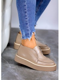 Жіночі шкіряні короткі черевики на байці бежевого кольору 34898