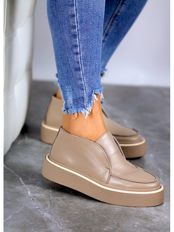 Жіночі шкіряні короткі черевики на байці бежевого кольору 34898