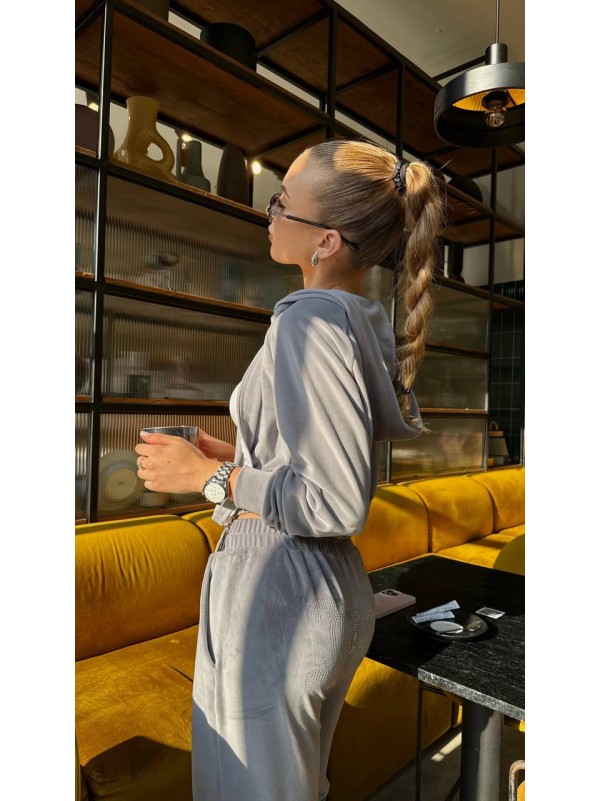 Жіночий велюровий костюм з камiнцями сiрого кольору 34912