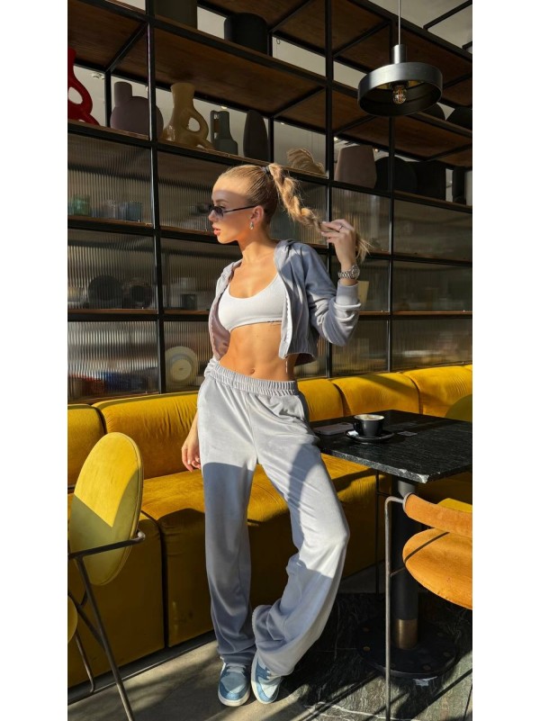 Жіночий велюровий костюм з камiнцями сiрого кольору 34912