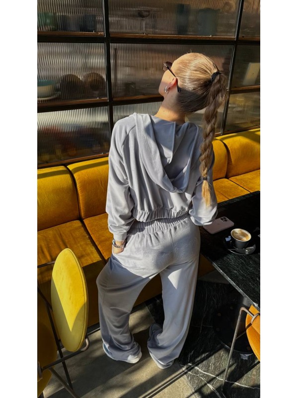 Жіночий велюровий костюм з камiнцями сiрого кольору 34912