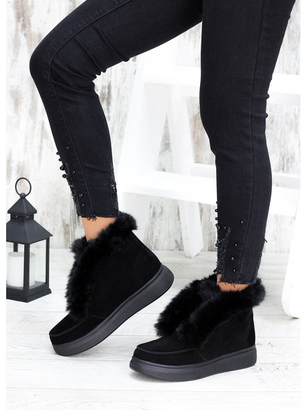 Жіночі замшеві короткі черевики (хутро) чорного кольору 34920