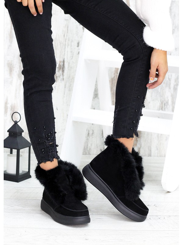 Жіночі замшеві короткі черевики (хутро) чорного кольору 34920