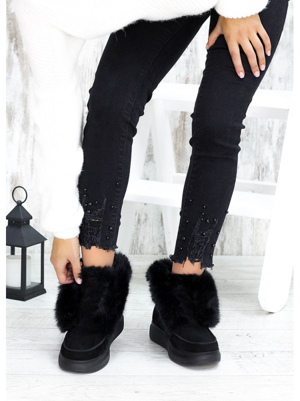 Жіночі замшеві короткі черевики (хутро) чорного кольору 34920