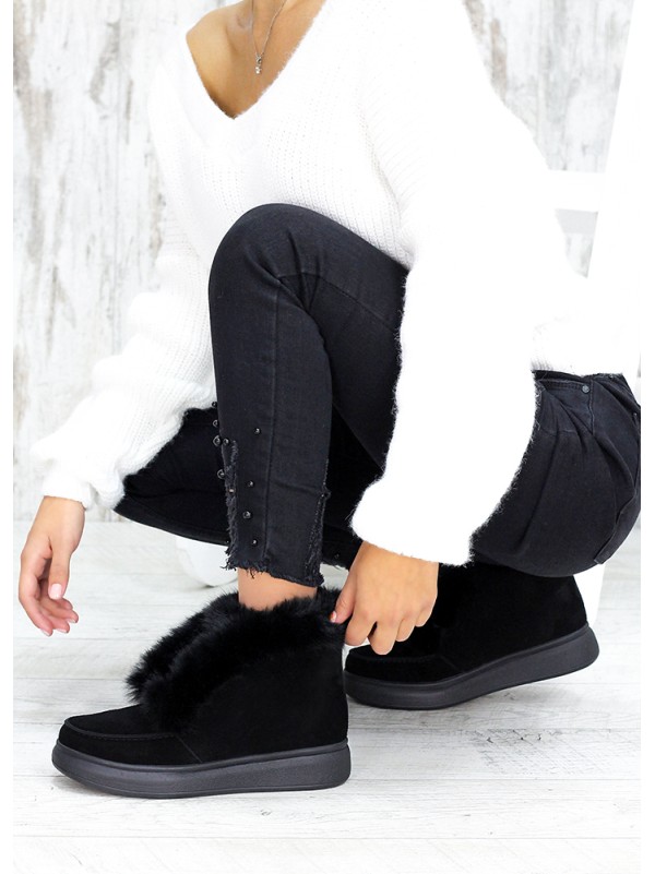 Жіночі замшеві короткі черевики (хутро) чорного кольору 34920