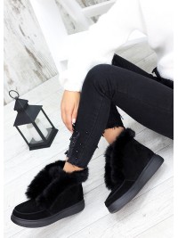 Жіночі замшеві короткі черевики (хутро) чорного кольору 34920
