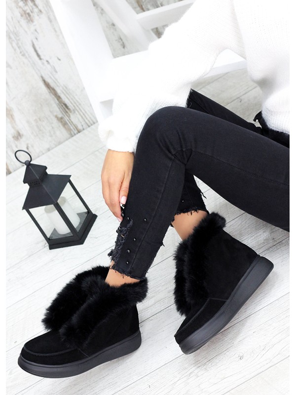 Жіночі замшеві короткі черевики (хутро) чорного кольору 34920