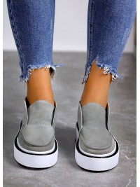 Жіночі замшеві короткі черевики на байці сірого кольору 34921