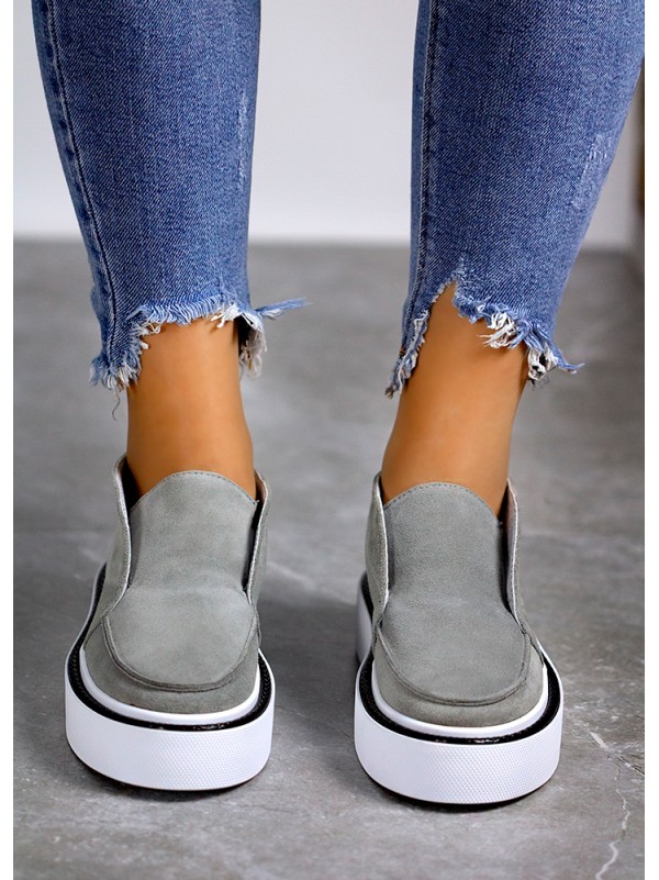 Жіночі замшеві короткі черевики на байці сірого кольору 34921