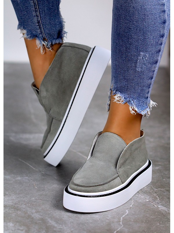 Жіночі замшеві короткі черевики на байці сірого кольору 34921