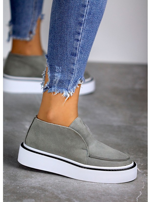 Жіночі замшеві короткі черевики на шкіряній підкладці сірого кольору 34922