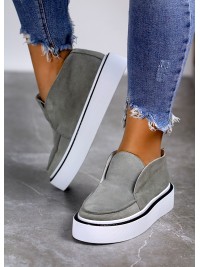 Жіночі замшеві короткі черевики на шкіряній підкладці сірого кольору 34922