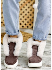 Жіночі замшеві короткі черевики (хутро) кавового кольору 34925