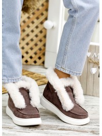 Жіночі замшеві короткі черевики (хутро) кавового кольору 34925