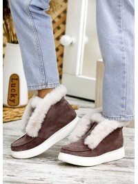 Жіночі замшеві короткі черевики (хутро) кавового кольору 34925